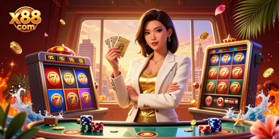 Win big at x88 com with stylish Asian woman holding golden cards amidst vibrant slot elements.