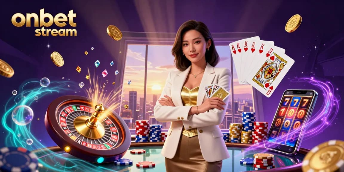 Experience the allure of onbet stream with a glamorous Asian businesswoman amid a rich casino setting adorned with vibrant gaming elements.