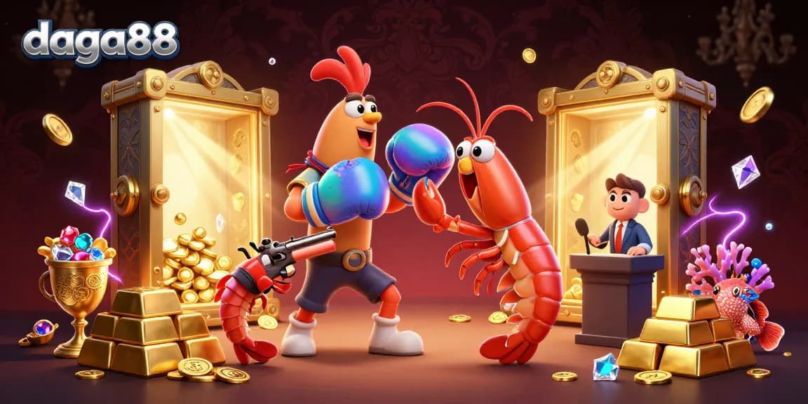 Daga88 showcases an electrifying cockfighting scene with vibrant 3D characters and dazzling casino elements, enhancing gaming excitement.