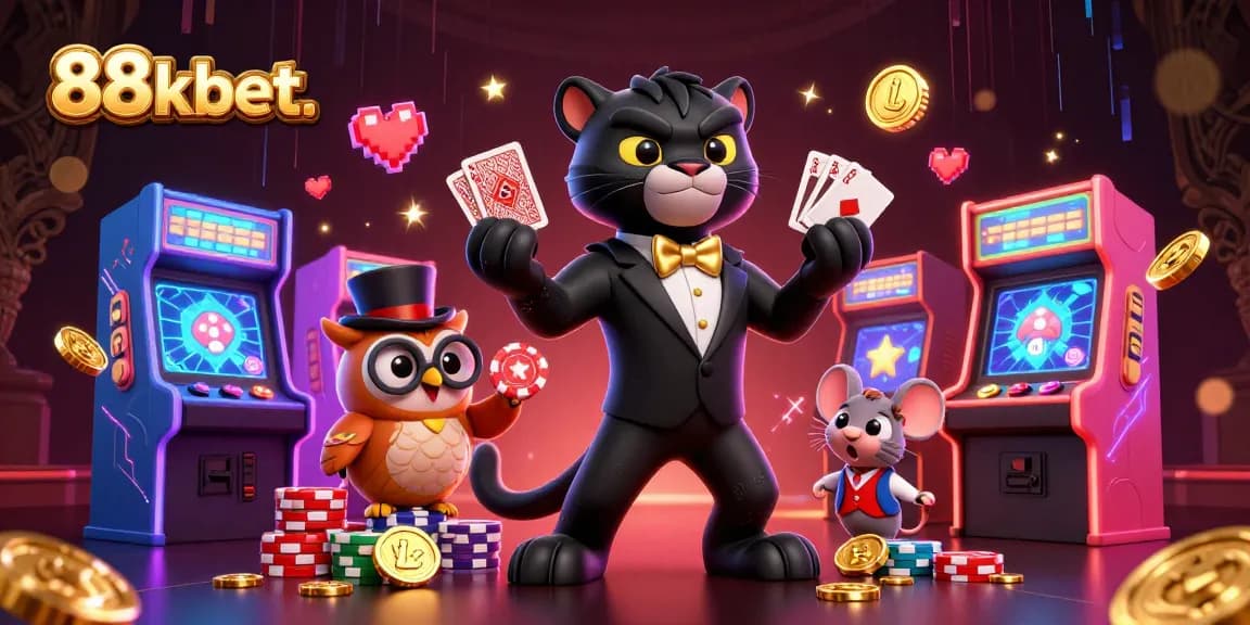 Experience high-stakes fun with 88kbet. featuring energetic characters and colorful casino elements.