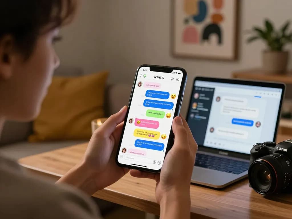 Engaging NSFW AI chat scene showcasing playful conversation on smartphone, cozy home setting.