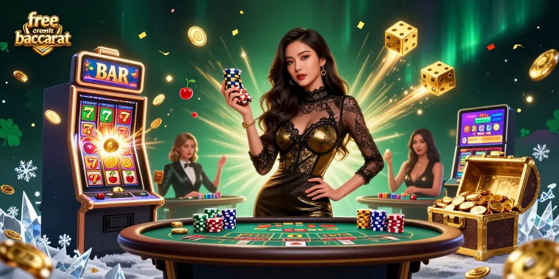 Engage in free credit baccarat with high-stakes action at a luxurious casino table, winning big.