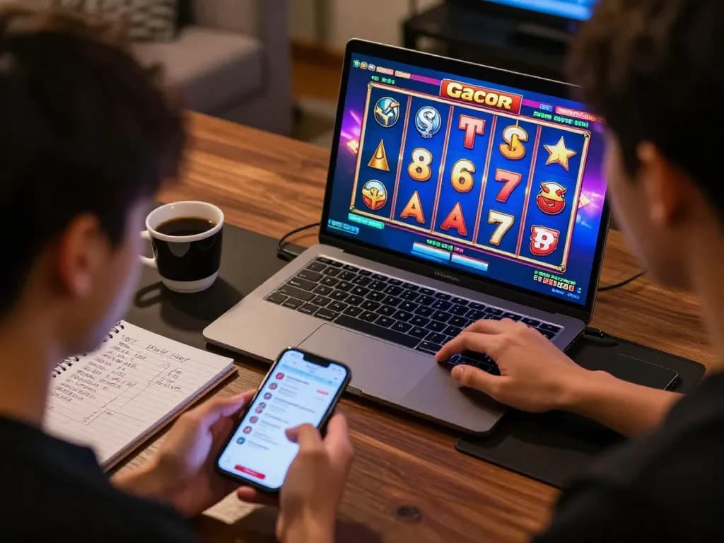 Engaging moment of slot gacor gameplay on a laptop, showcasing vibrant interface and player's strategy notes.