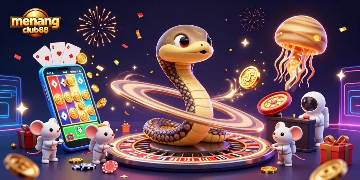 Experience the thrill of winning with menangclub88 as astronauts bet on a snake roulette in a cosmic casino scene.