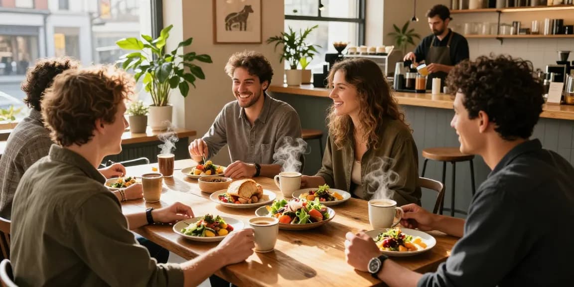 Gathering of friends sharing a meal in an urban café setting, showcasing vibrant dishes https://forumup.org/shop/search.php?ca_id=&addr1=&addr2=&addr3=&schKeyword= during golden hour.
