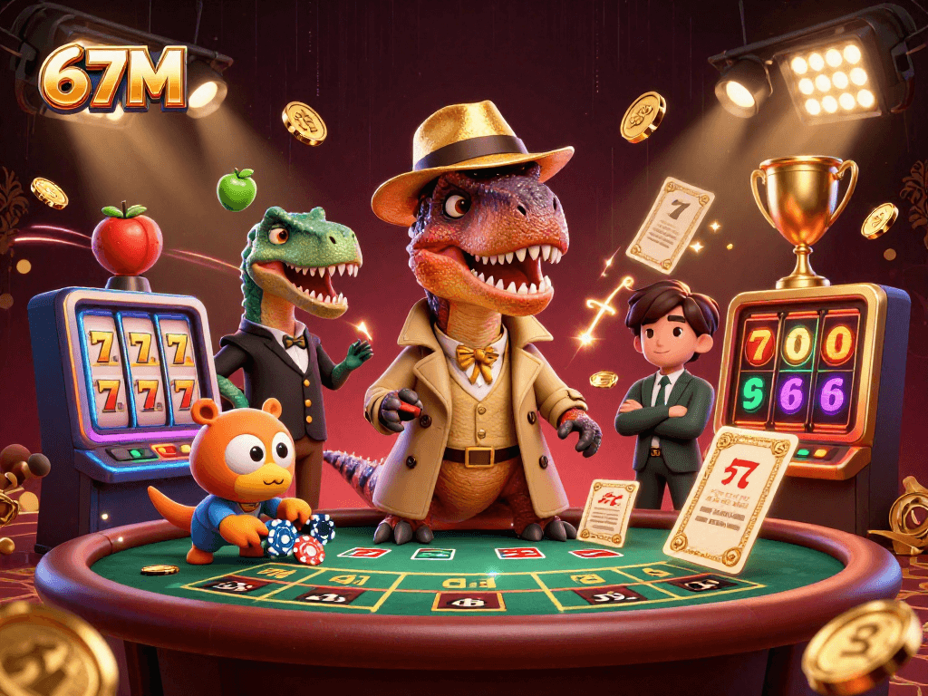 67M apresenta um velociraptor em blackjack, rodeado por símbolos de jackpot e moedas de ouro.