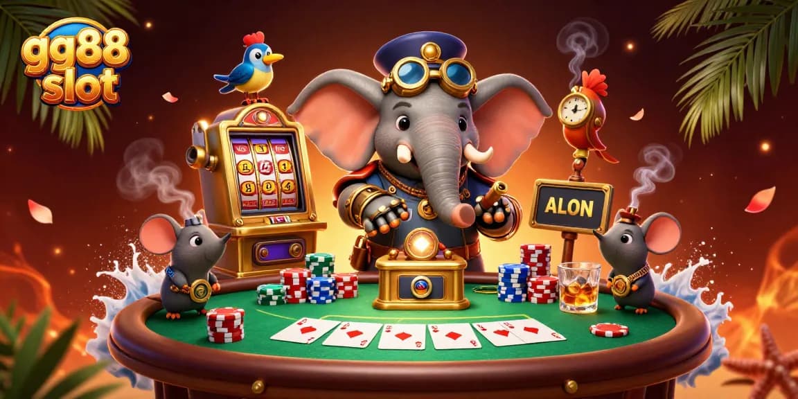 Spin the gg88 slot machine with a steampunk elephant, creating colorful wins in an exciting casino scene.