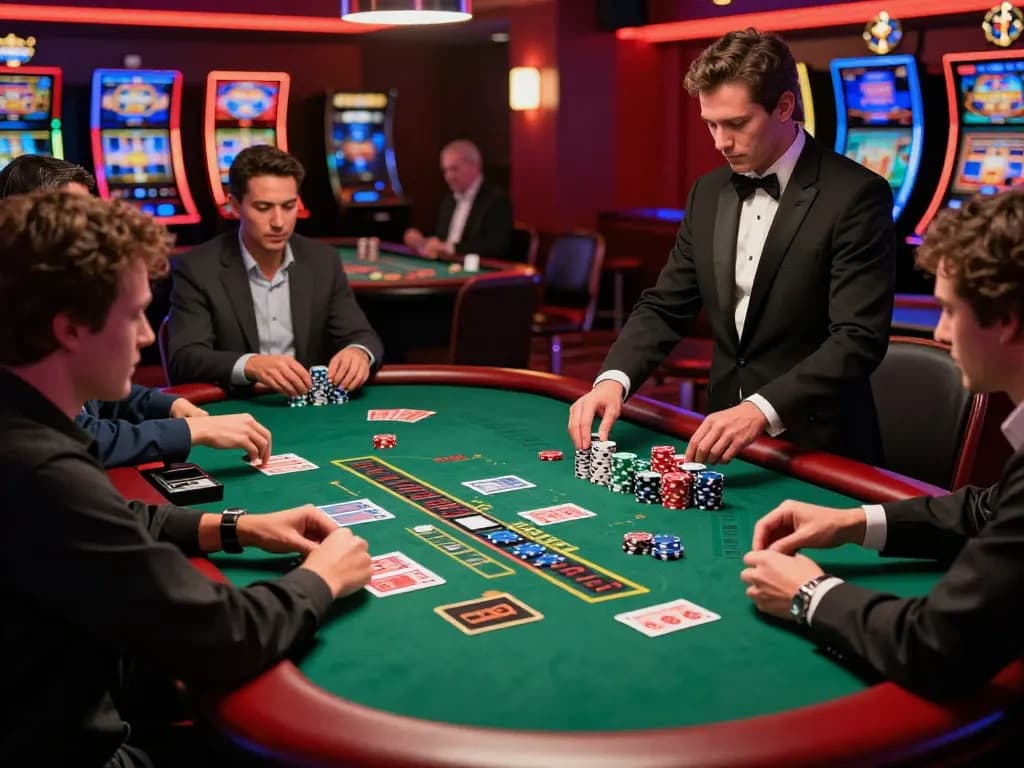 Players analyzing their cards at a blackjack table in a luxury casino at keonhacai, highlighting strategic gameplay.