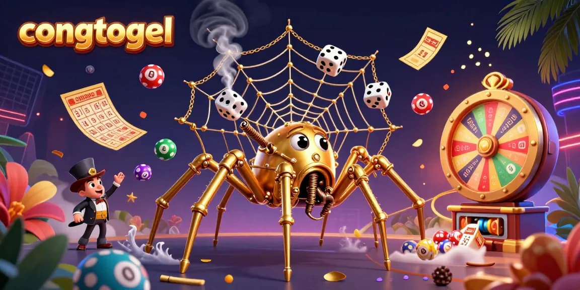 Spin to win with congtogel's vibrant lottery scene featuring a whimsical spider and dynamic game elements.