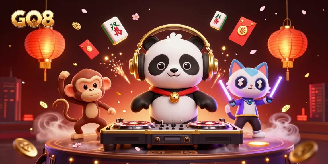 Engage with GO8's vibrant casino atmosphere featuring dynamic characters and festive elements.