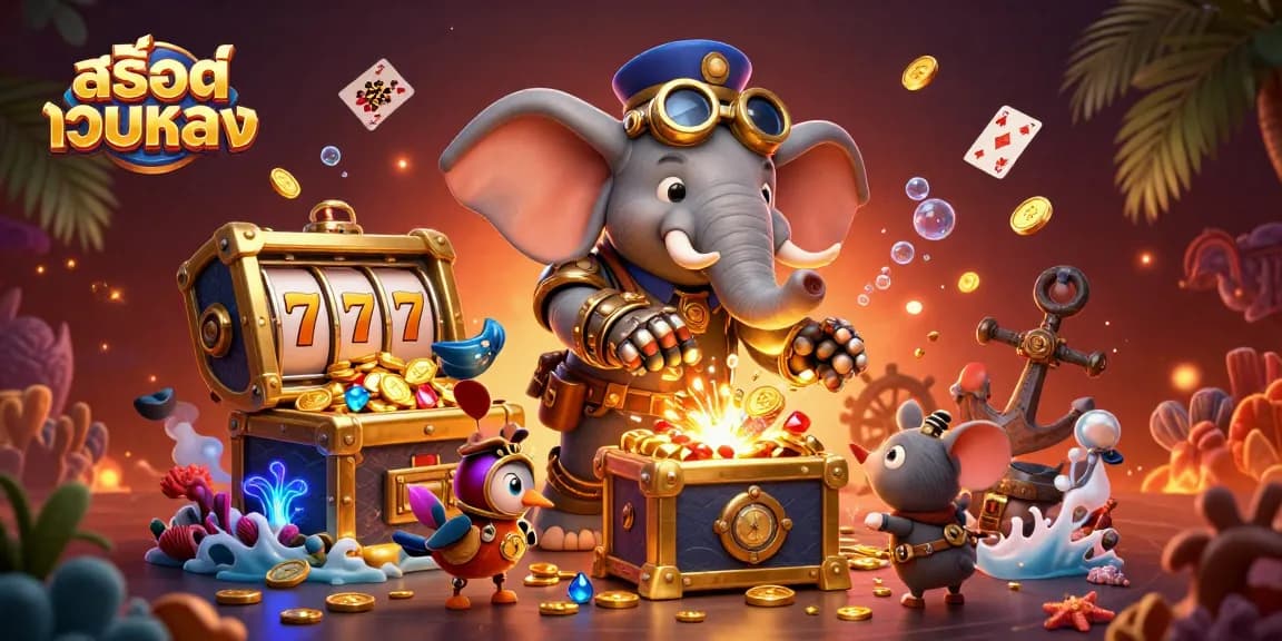 Experience thrilling action with สล็อตเว็บตรง featuring a steampunk elephant casino engineer at a golden slot machine.