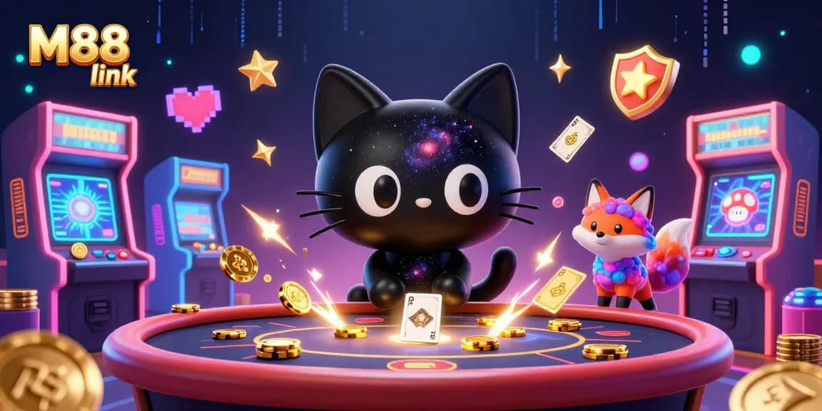 The cosmic casino scene highlights the enchanting M88 link with a black hole cat and nebula fox amidst vibrant gaming elements.