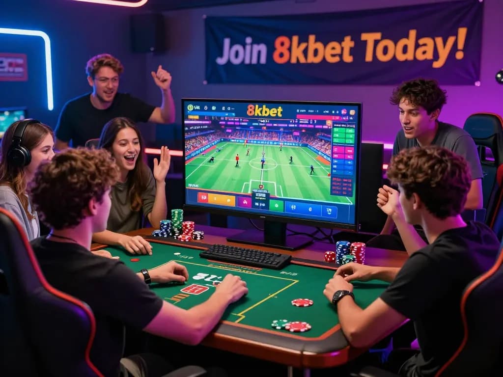 Friends engaging in an exciting online gaming session on the 8kbet platform with colorful decorations and gaming paraphernalia.