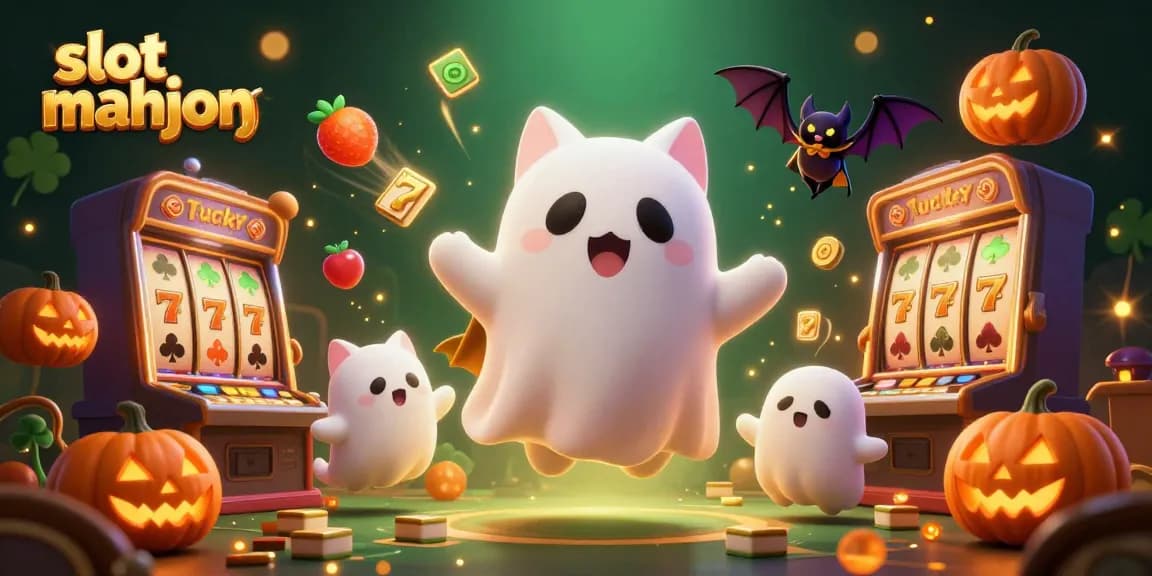 Experience thrilling slot mahjong gameplay in a vibrant casino scene featuring an energetic ghost cat character.