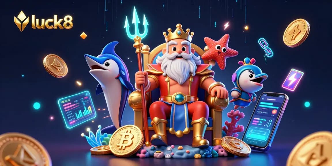 Engage with luck8's vibrant casino world featuring Neptune and cryptocurrency elements.
