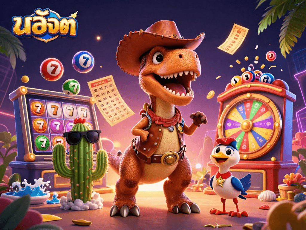 Experience the excitement of สล็อต with a vibrant 3D illustration featuring a T-Rex, casino elements, and dynamic scenes.