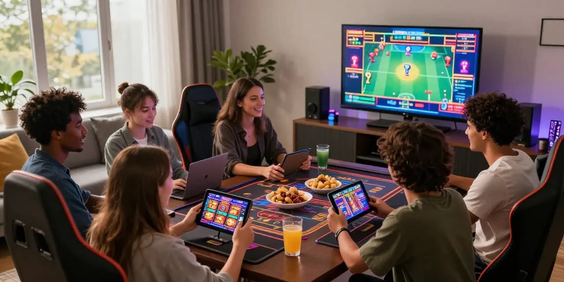 Friends enjoying a gaming night featuring slot77 with vibrant graphics and lively atmosphere.