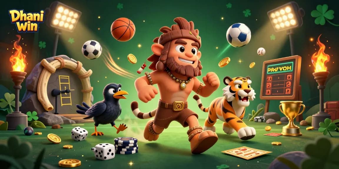 Dhani win casino illustration featuring a caveman, sabertooth tiger, and crow with sports elements.