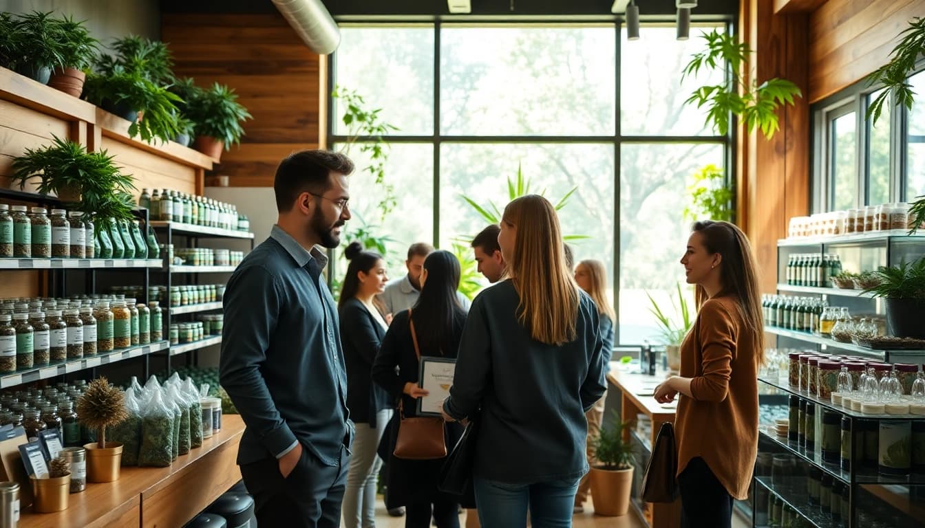 Customers engaging with geekthc cannabis products at a welcoming dispensary.