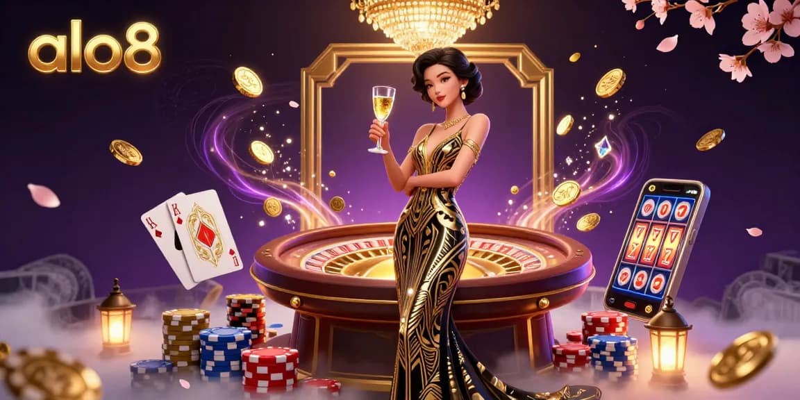 Experience the glamour of alo8 with a sophisticated Asian woman surrounded by casino elements, captivating players with winning spins.