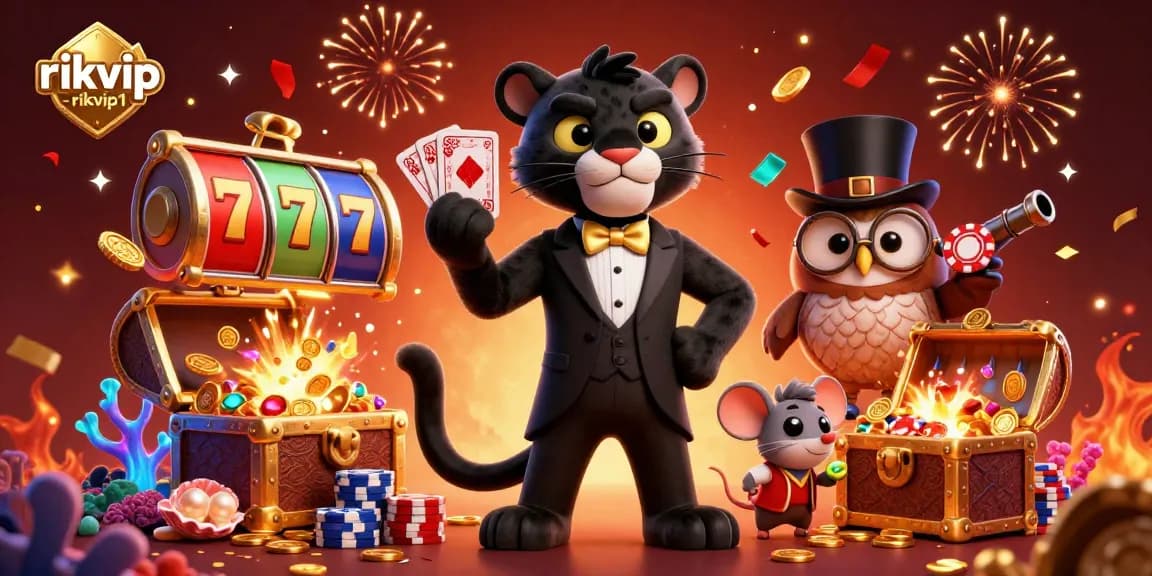 Experience the excitement of rikvip - rikvip1 with a stylish panther dealer and vibrant casino elements.
