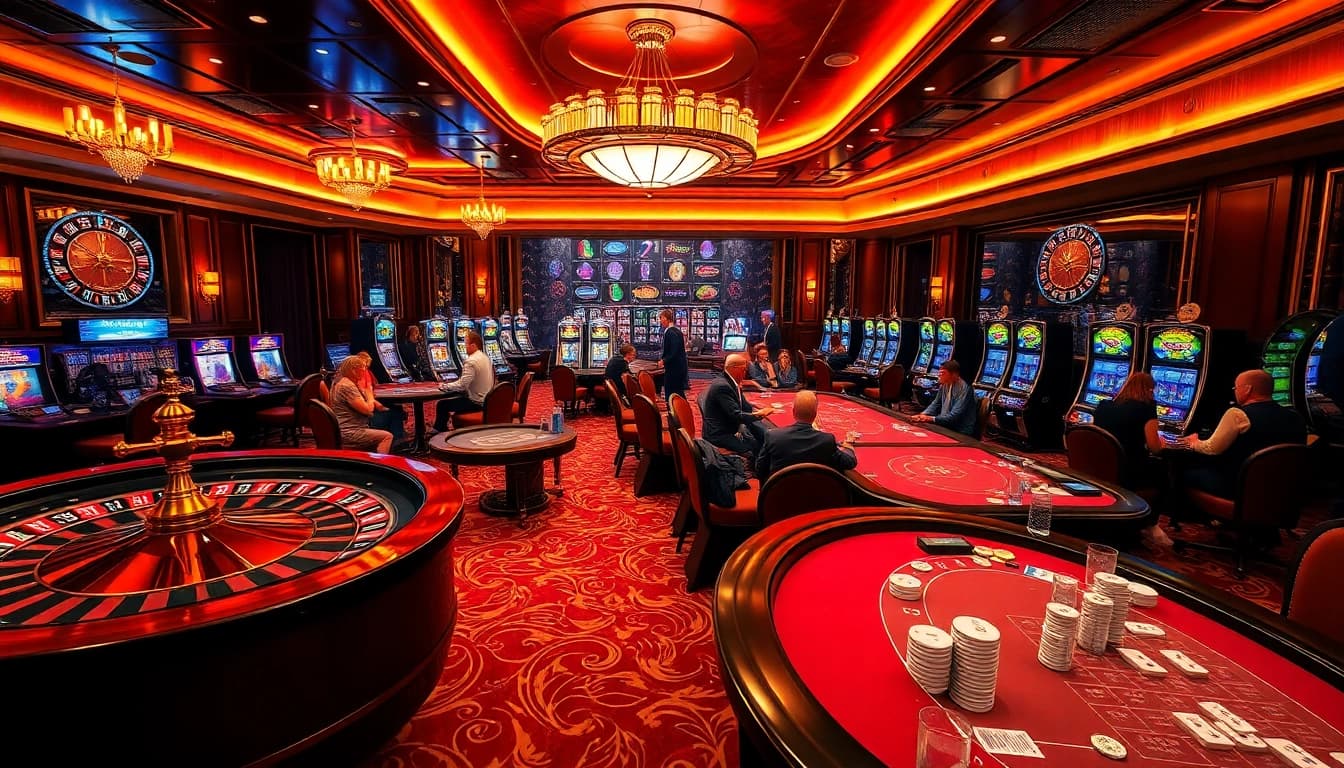 Experience the excitement of mg188’s vibrant casino atmosphere with lively tables and elegant decor.