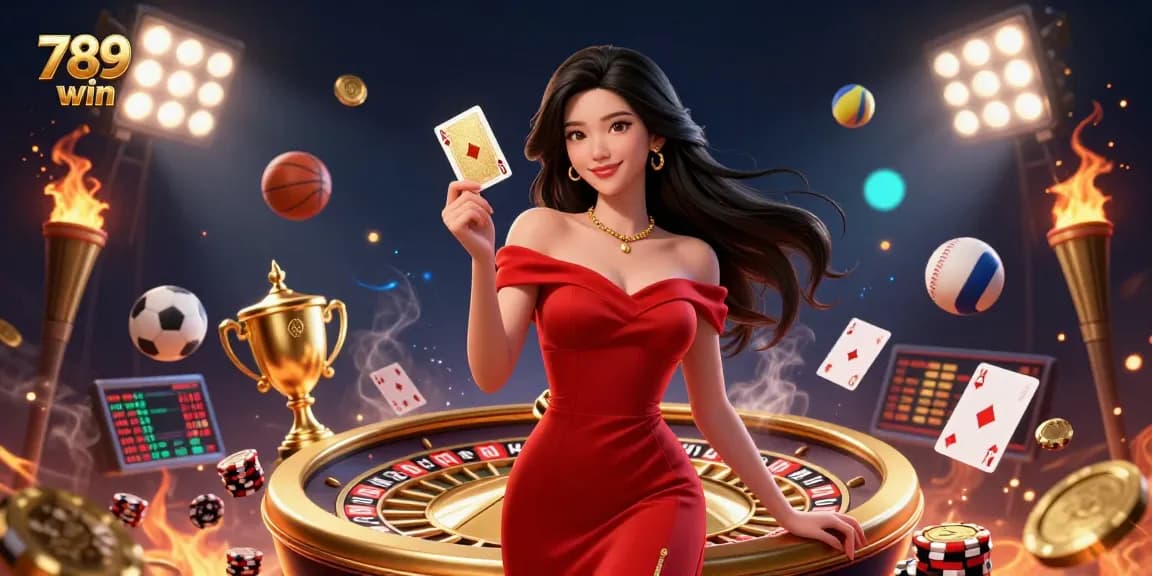 Experience the excitement of 789 win with a beautiful woman beside a glowing roulette wheel and flying sports elements.