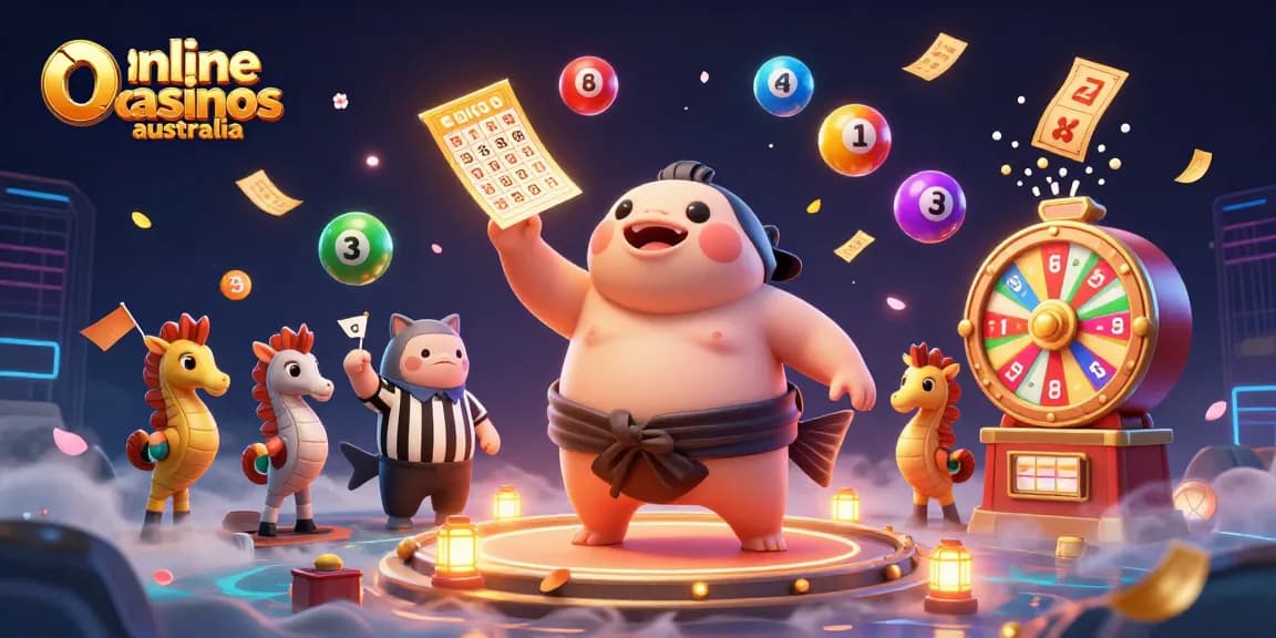 Engage in action-packed fun with online casinos australia featuring a lively fugu surrounded by colorful lottery elements.