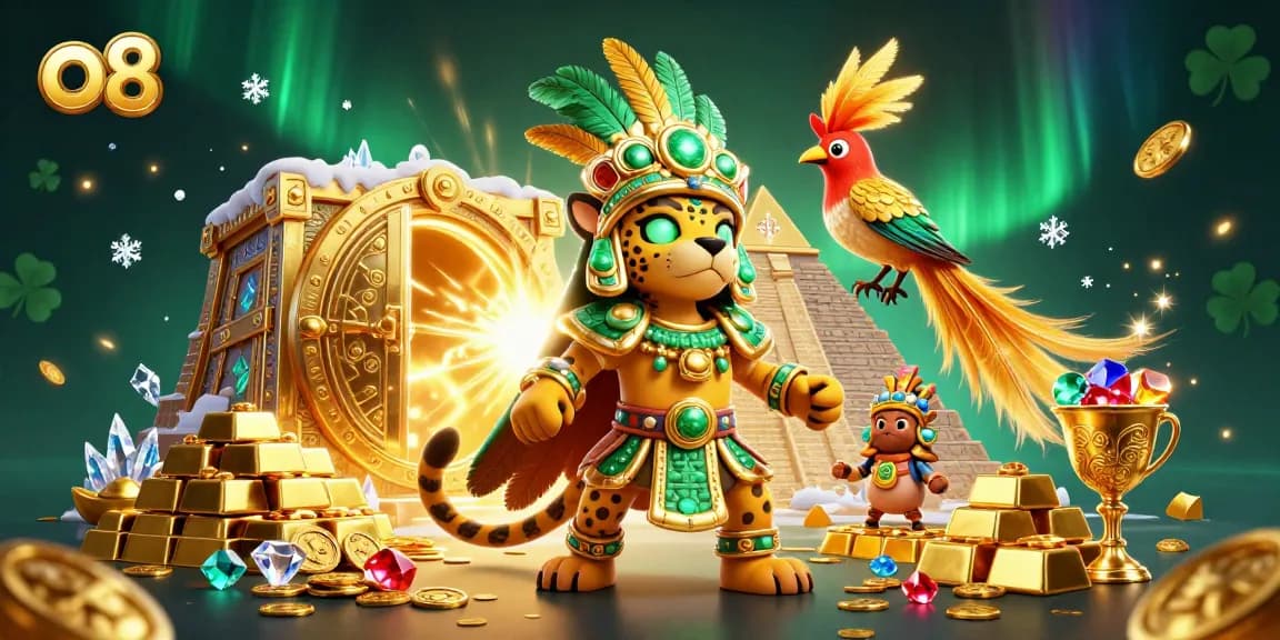 Experience prosperity with O8's captivating 3D casino scene featuring vibrant treasures and dynamic gameplay elements.