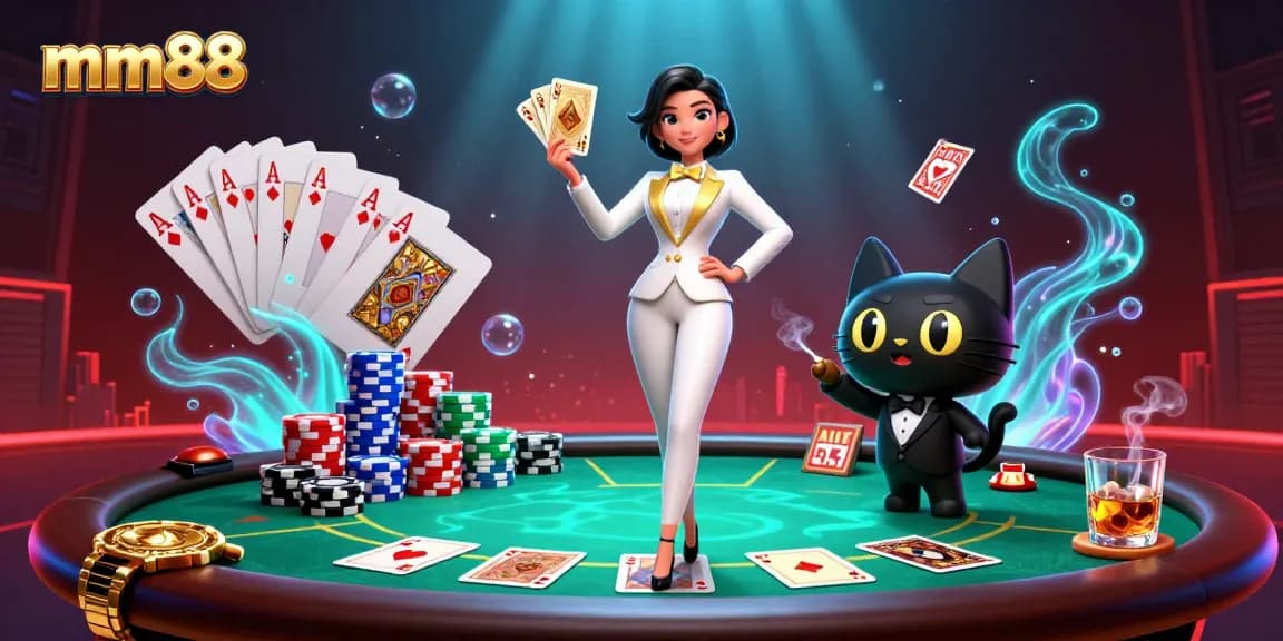 Engage with mm88's thrilling gaming scene featuring a woman shuffling cards with a tuxedo cat.