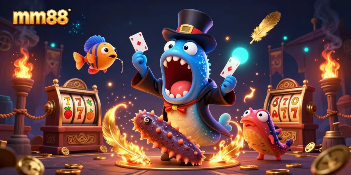 mm88 slot reels illuminate a vibrant underwater casino scene with whimsical creatures performing tricks