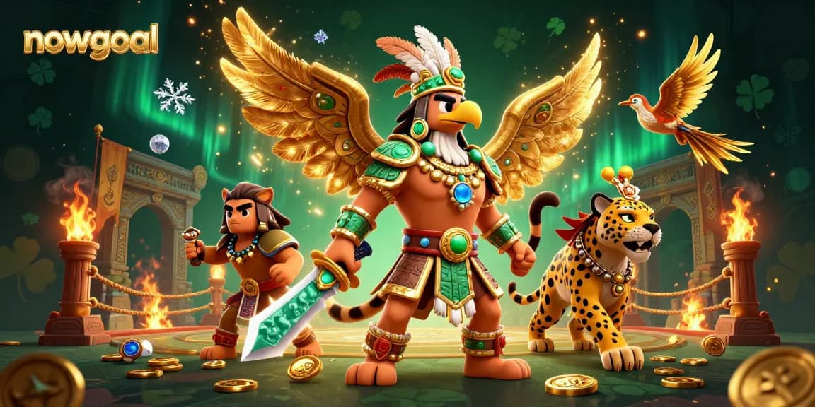Bet on nowgoal with dynamic live sports illustrations featuring Aztec warriors amidst golden tokens and vibrant arena.