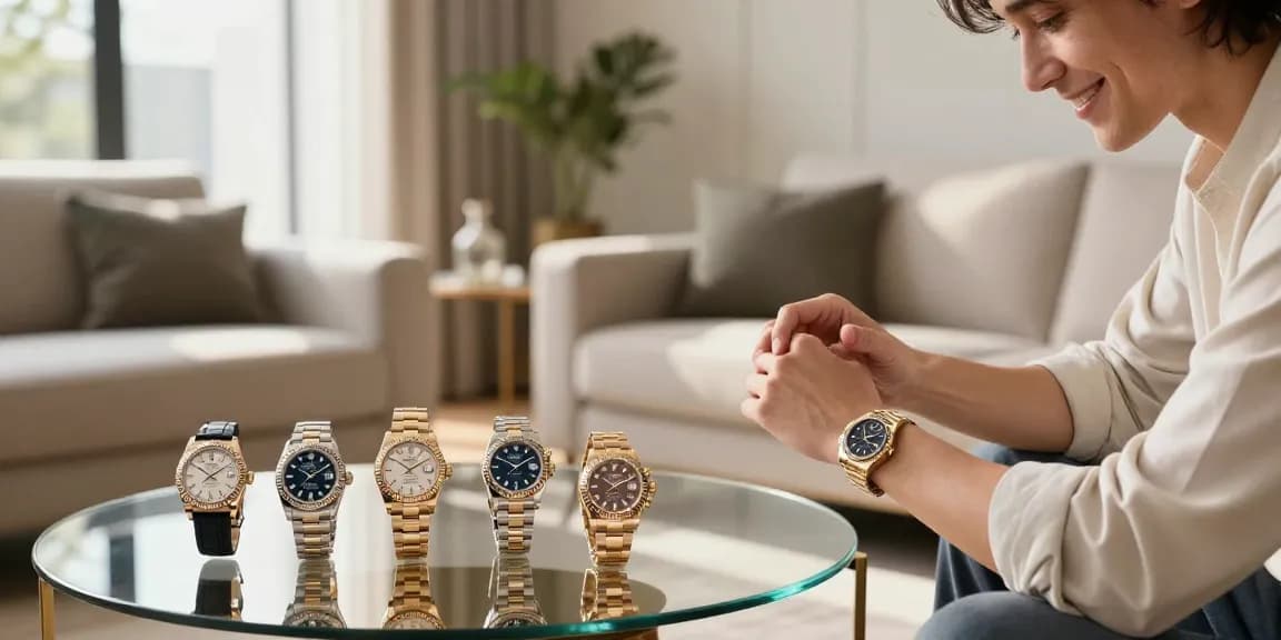 Fashionable individual showcasing a rolex replica watch, highlighting luxury and style.