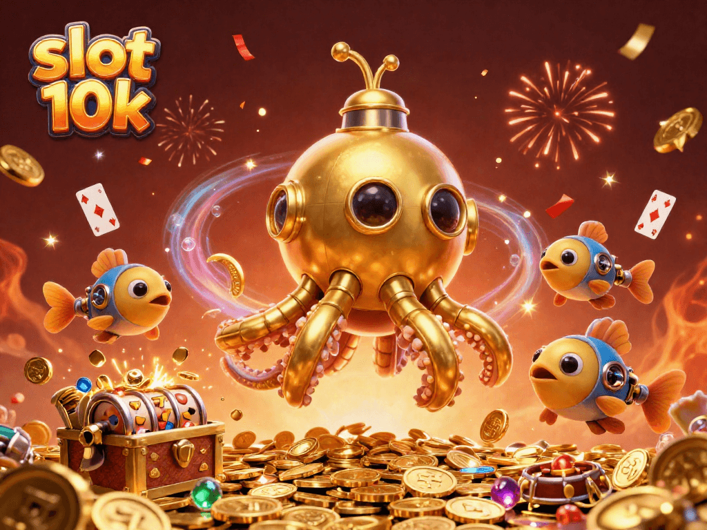 Win big with slot 10k as the golden kraken submarine emerges from gold coins.