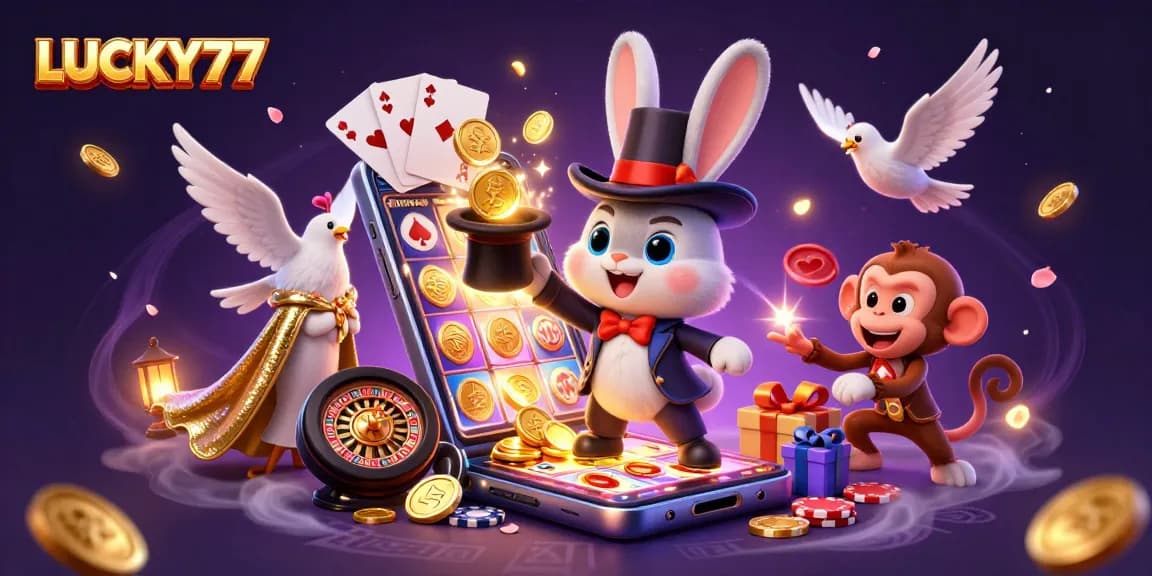 Experience winning moments with LUCKY77 as a magician rabbit reveals treasures in a vibrant casino scene.