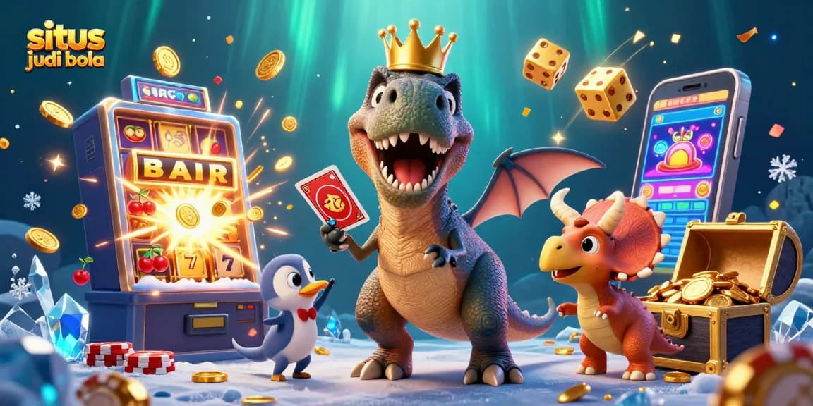 Experience situs judi bola with engaging characters and vibrant casino elements in this 3D illustration.