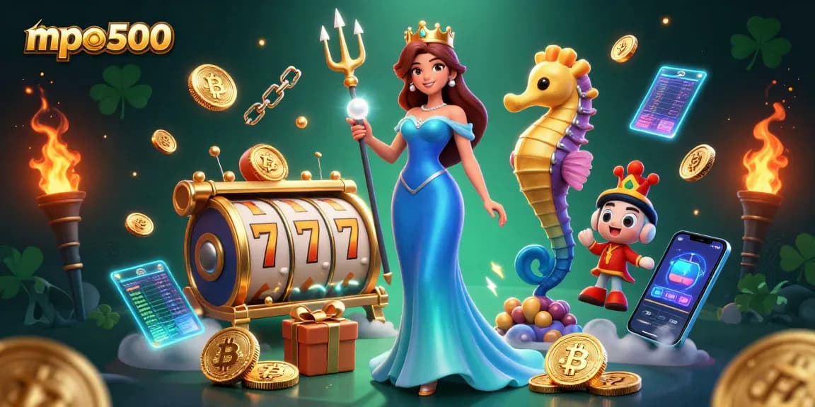 Experience thrilling slots at mpo500 with a gorgeous character surrounded by vibrant game elements.