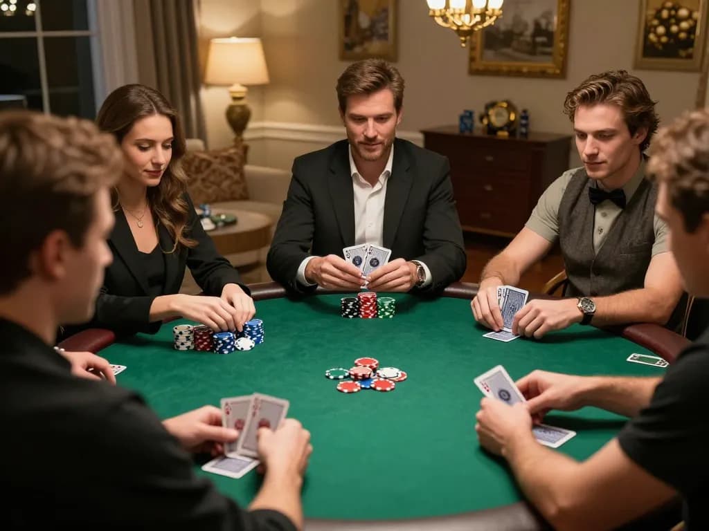 99win players enjoying a competitive poker night in a cozy home setting with chips and cards.