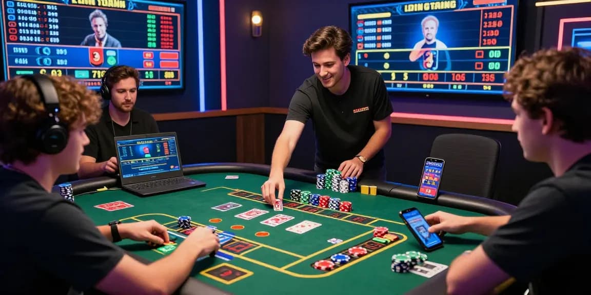 Exciting online gaming scene where players engage in real-time live casino games, 瞭解內容 with vibrant atmosphere and digital displays.