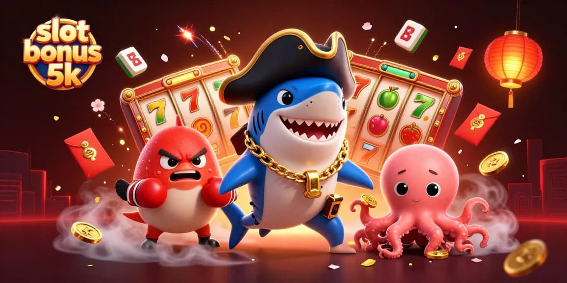 Engage with the exciting world of slot bonus 5k in an energetic 3D illustration featuring playful casino characters.