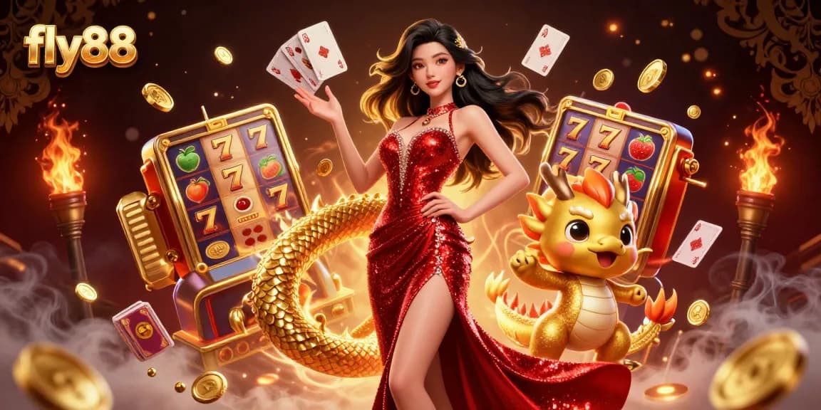 Experience thrilling gameplay at fly88 with a glamorous Asian woman and golden dragon amidst dynamic slot game elements.