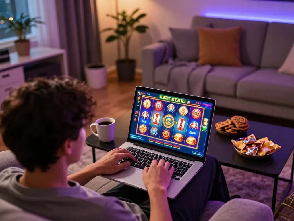 Engaging in slot bet kecil gameplay on a laptop in a cozy home setting, showcasing modern online gambling.
