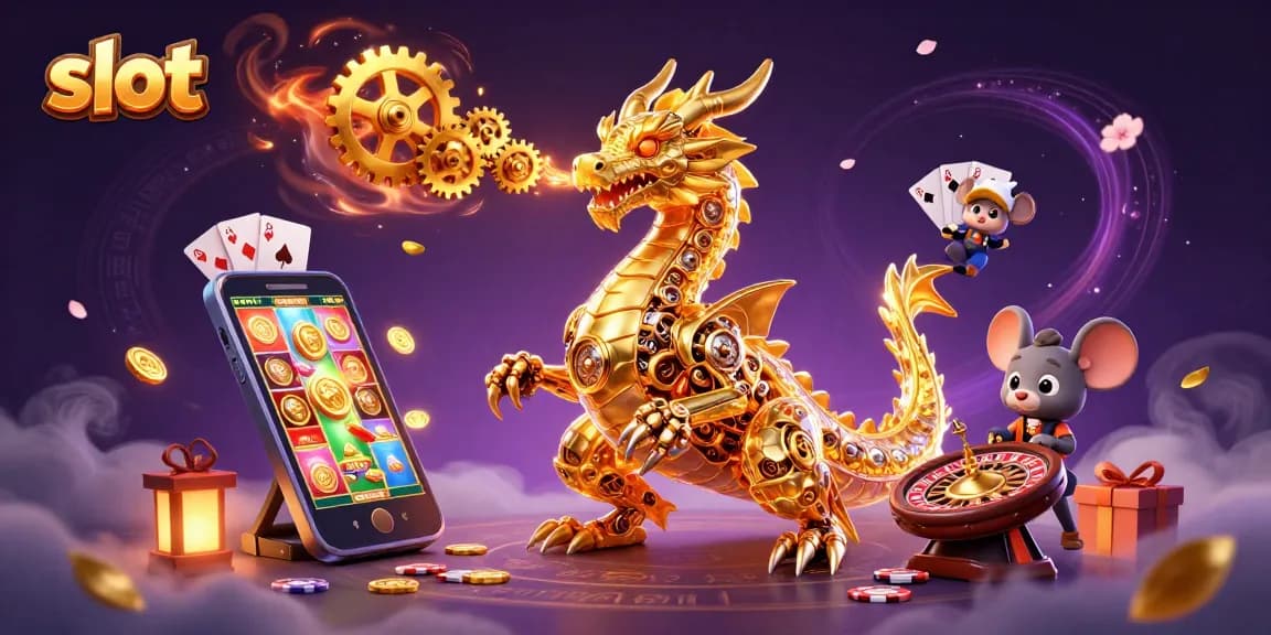 Menggali slot berwarna cerah dengan karakter naga dan coklat kecil melakukan perbaikan, di tengah suasana kasino.