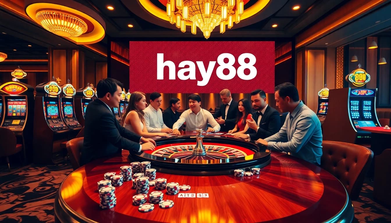 Excited players engaging in thrilling casino games at hay88's luxurious gambling atmosphere.
