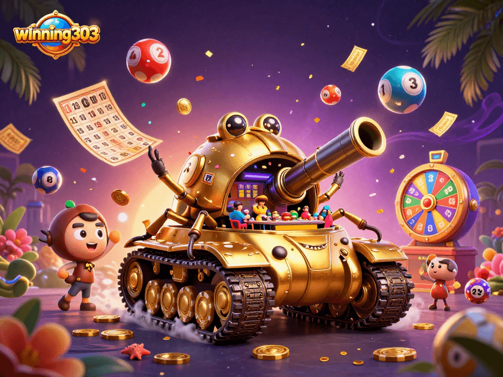 Winning303 unleashes thrill with a dynamic illustration of a golden beetle tank casino.