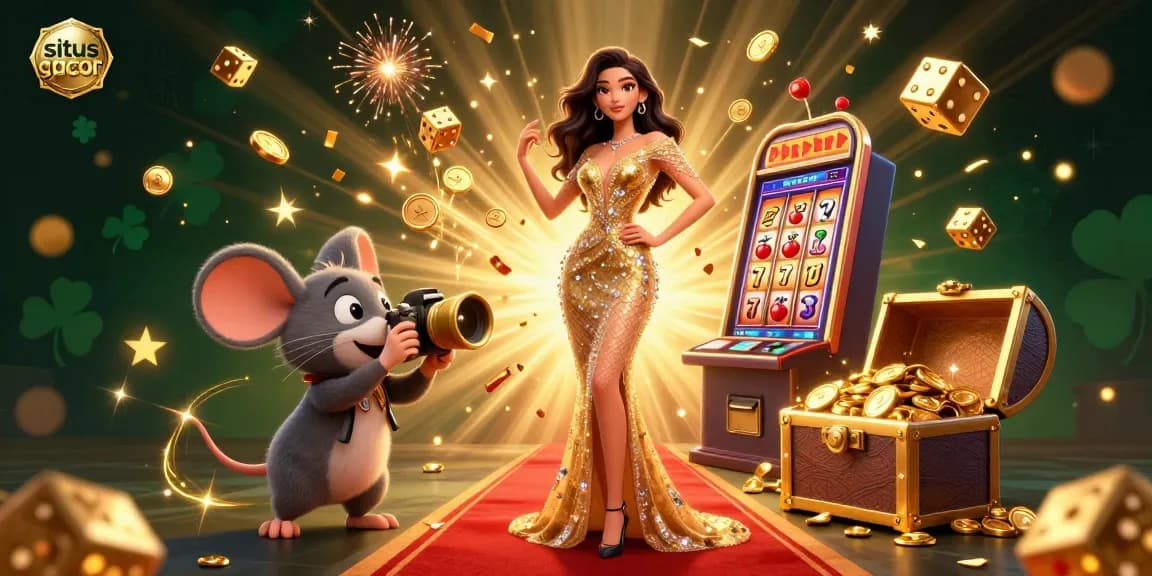 Situs gacor shines with a glamorous scene of a 3D woman and animated elements capturing winning moments.