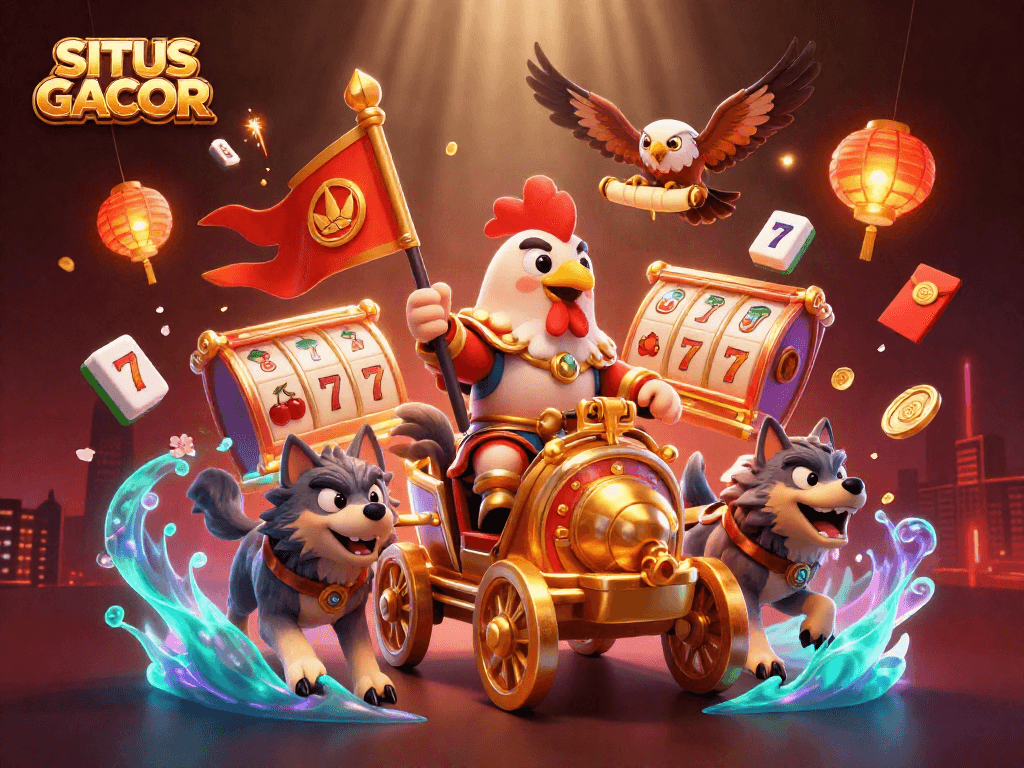 SITUS GACOR champions win big in this vibrant casino scene filled with 3D slot reels and lucky symbols.