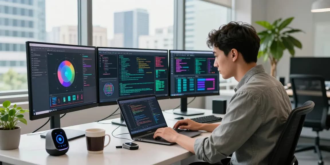 Developer coding AI projects in a modern workspace showcasing crush on ai technology and innovation.