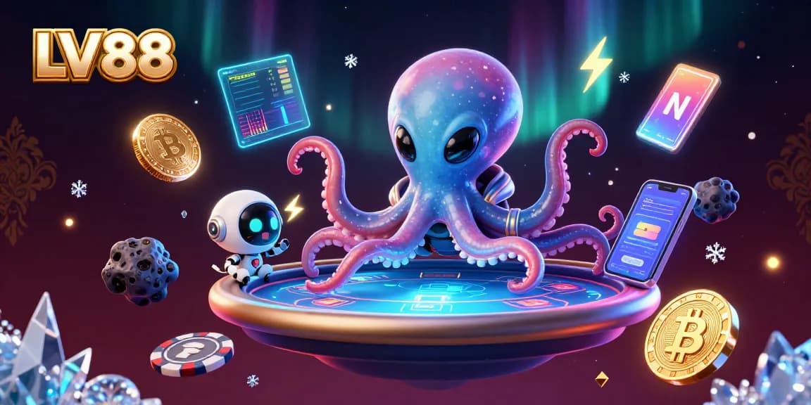 Play at LV88 with an alien octopus and a tiny robot in a cosmic casino scene.