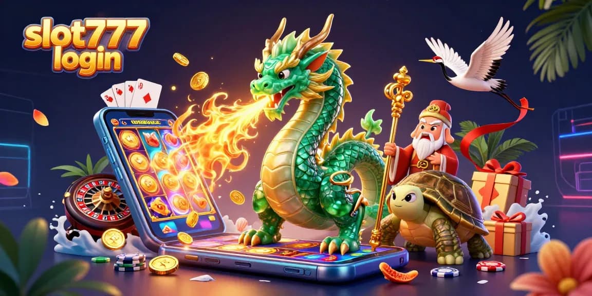 Experience a thrilling adventure with slot777 login surrounded by mythical creatures and casino elements.